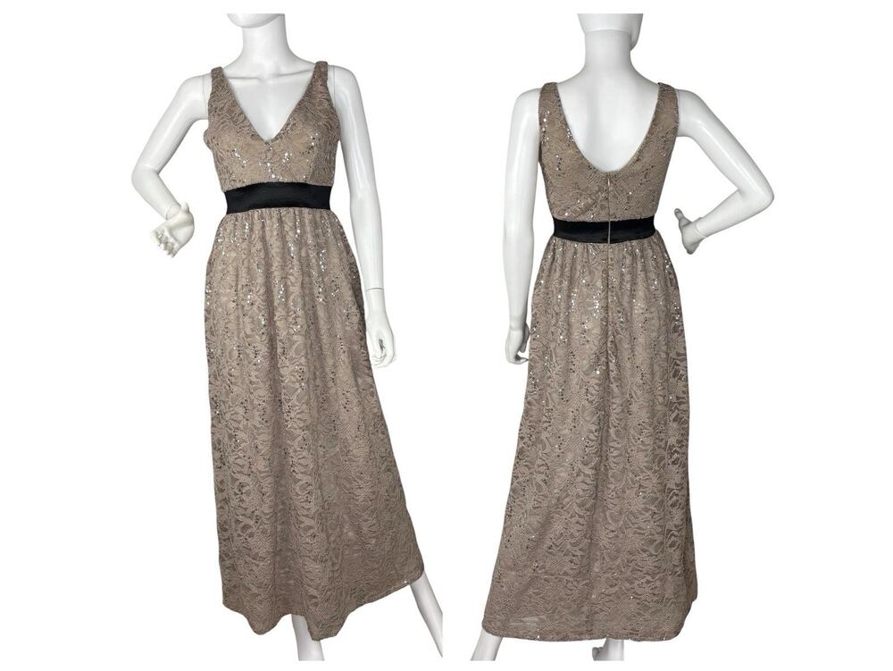 Yellow Star Women's Gown Maxi Dress Lace Sequin Formal Taupe Silver Size S
